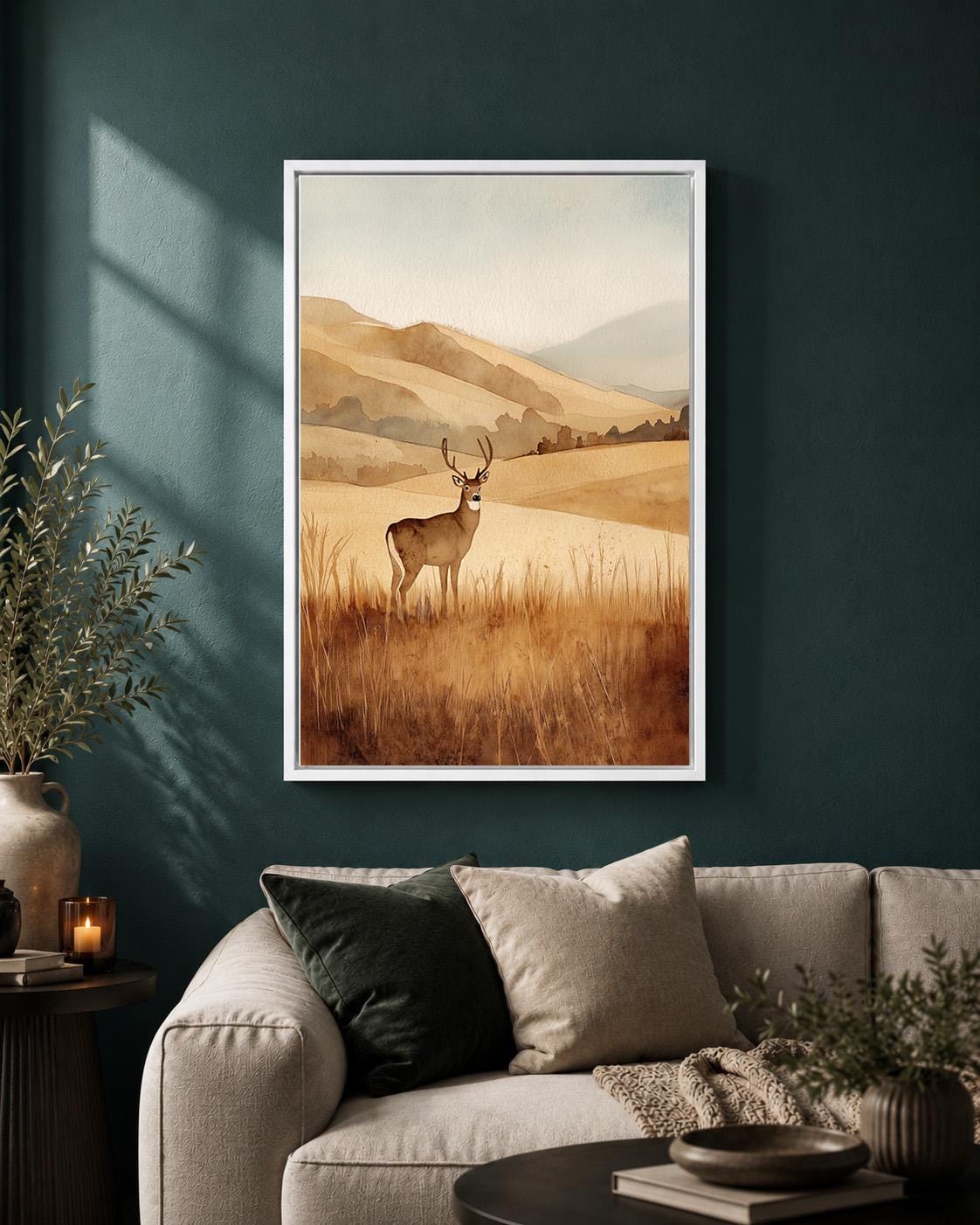Framed Canvas Deer Landscape Wall Art, Neutral Watercolor Wildlife Print, Rustic Nature Decor by The Wall Art Studio - phy...