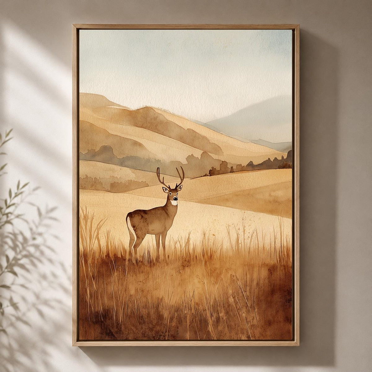 Framed Canvas Deer Landscape Wall Art, Neutral Watercolor Wildlife Print, Rustic Nature Decor by The Wall Art Studio - phy...