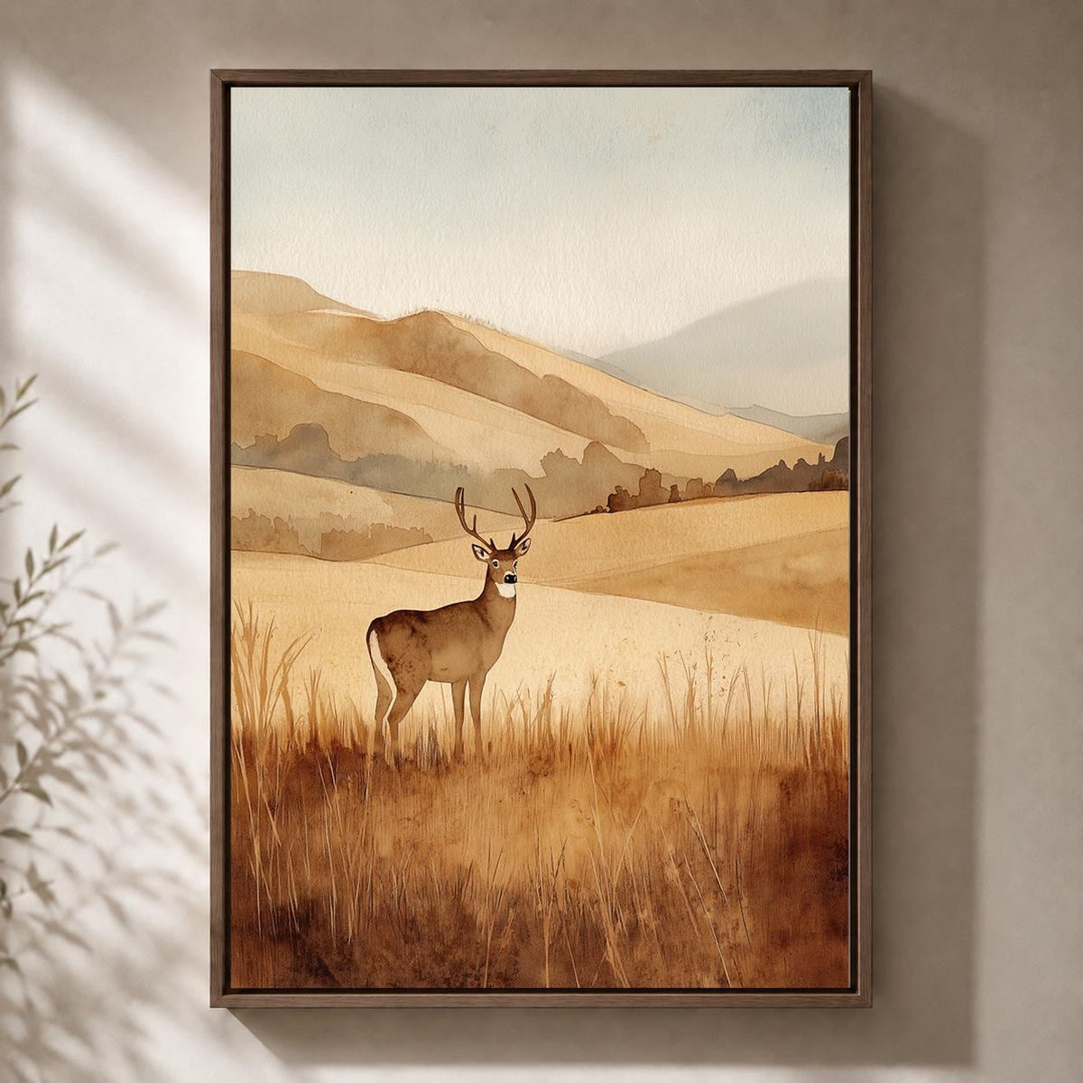 Framed Canvas Deer Landscape Wall Art, Neutral Watercolor Wildlife Print, Rustic Nature Decor by The Wall Art Studio - phy...