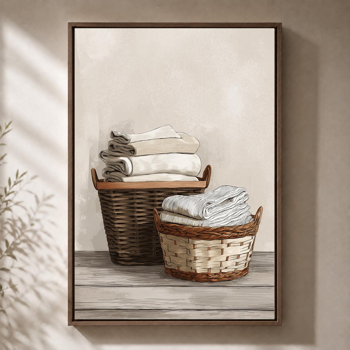 Framed Canvas Framed Laundry Art, Neutral Farmhouse Linen Basket Print by The Wall Art Studio - physical