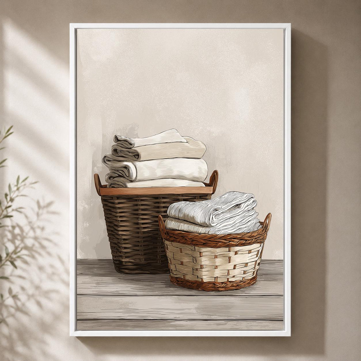 Framed Canvas Framed Laundry Art, Neutral Farmhouse Linen Basket Print by The Wall Art Studio - physical