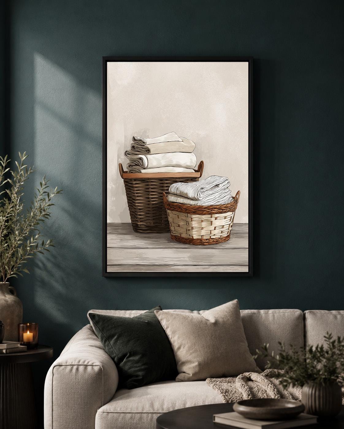 Framed Canvas Framed Laundry Art, Neutral Farmhouse Linen Basket Print by The Wall Art Studio - physical