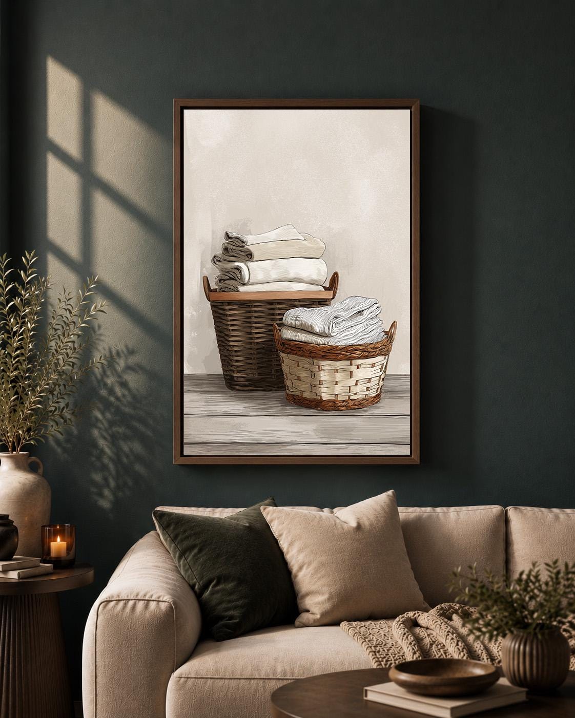 Framed Canvas Framed Laundry Art, Neutral Farmhouse Linen Basket Print by The Wall Art Studio - physical