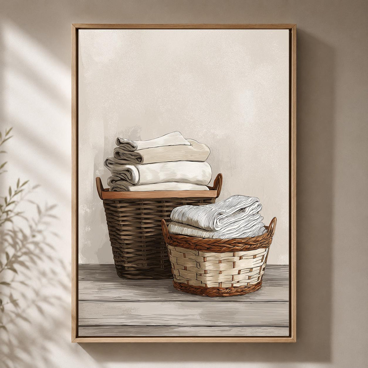 Framed Canvas Framed Laundry Art, Neutral Farmhouse Linen Basket Print by The Wall Art Studio - physical