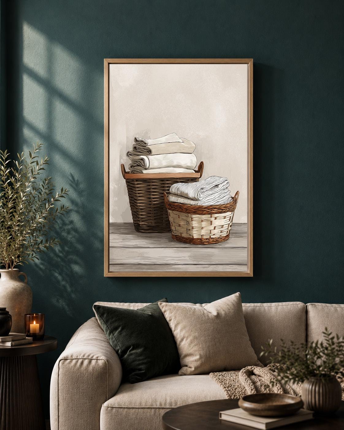 Framed Canvas Framed Laundry Art, Neutral Farmhouse Linen Basket Print by The Wall Art Studio - physical