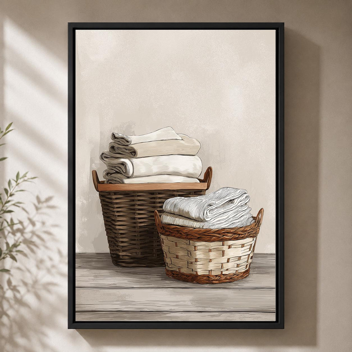 Framed Canvas Framed Laundry Art, Neutral Farmhouse Linen Basket Print by The Wall Art Studio - physical