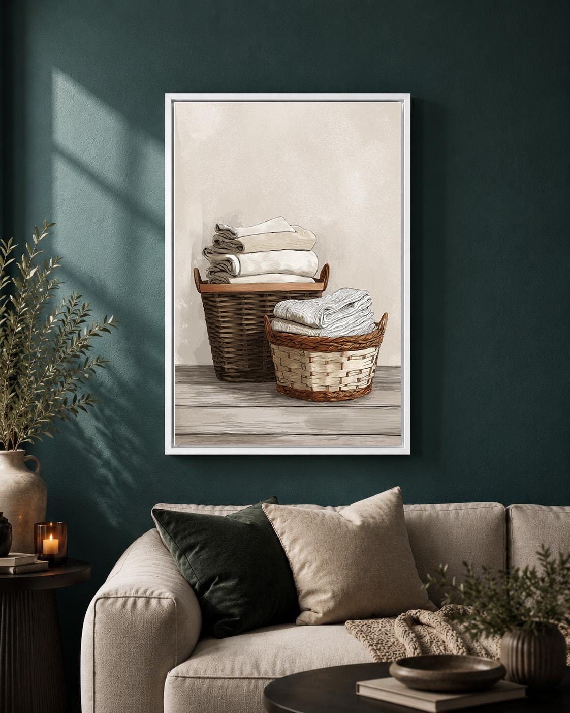 Framed Canvas Framed Laundry Art, Neutral Farmhouse Linen Basket Print by The Wall Art Studio - physical