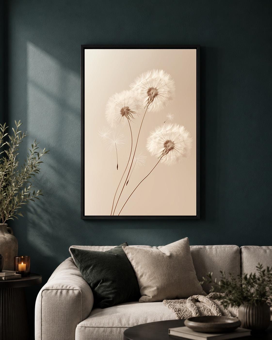 Framed Canvas Minimal Dandelion Framed Canvas, Neutral Beige Botanical Print, Scandinavian Nature Decor by The Wall Art St...