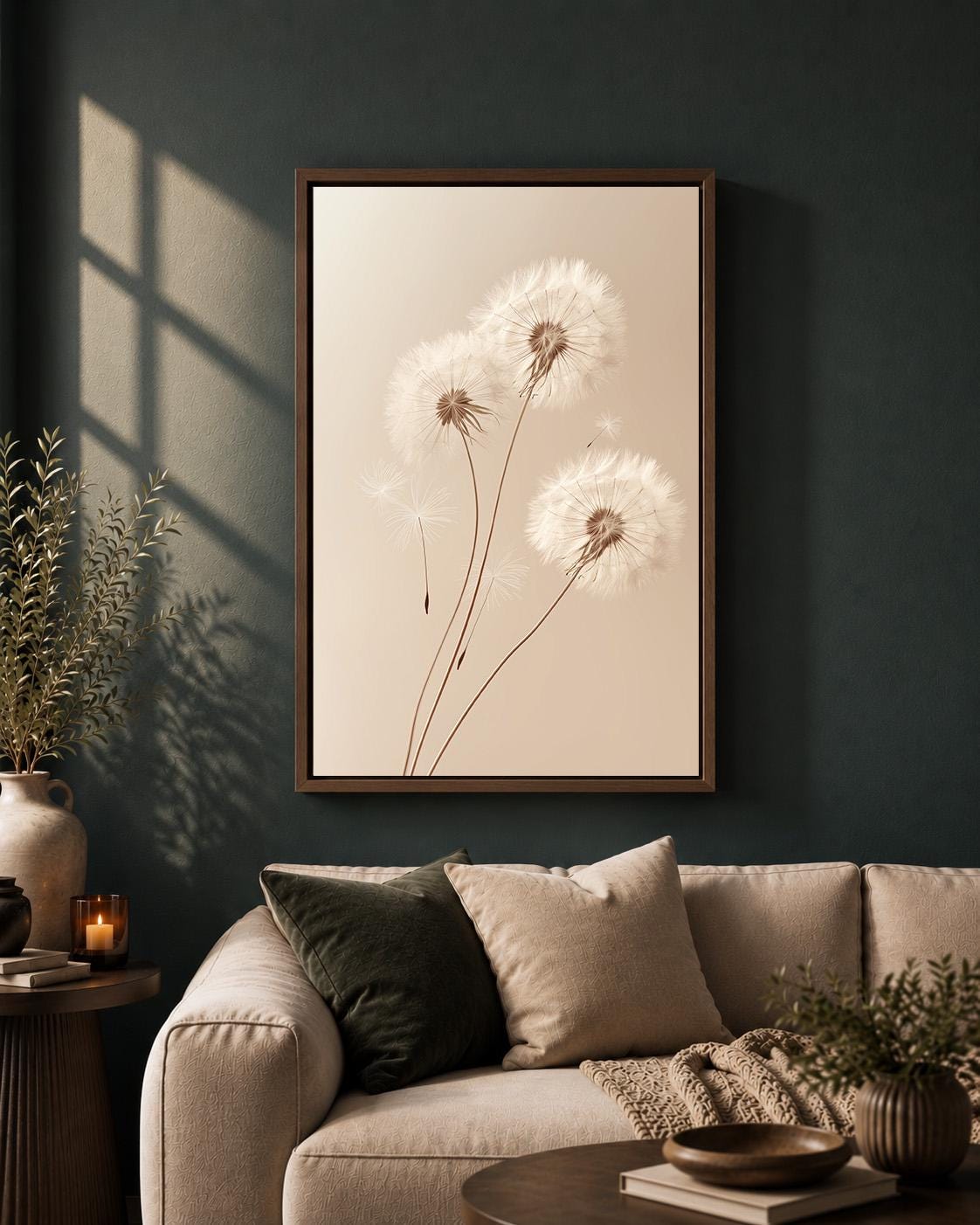 Framed Canvas Minimal Dandelion Framed Canvas, Neutral Beige Botanical Print, Scandinavian Nature Decor by The Wall Art St...