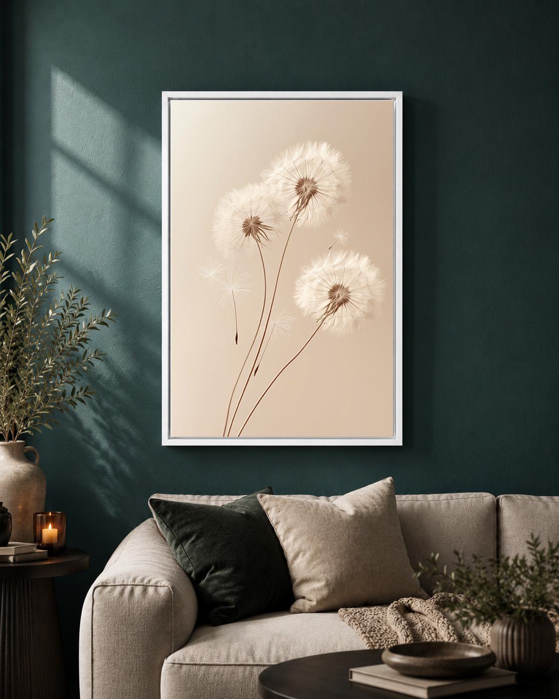 Framed Canvas Minimal Dandelion Framed Canvas, Neutral Beige Botanical Print, Scandinavian Nature Decor by The Wall Art St...