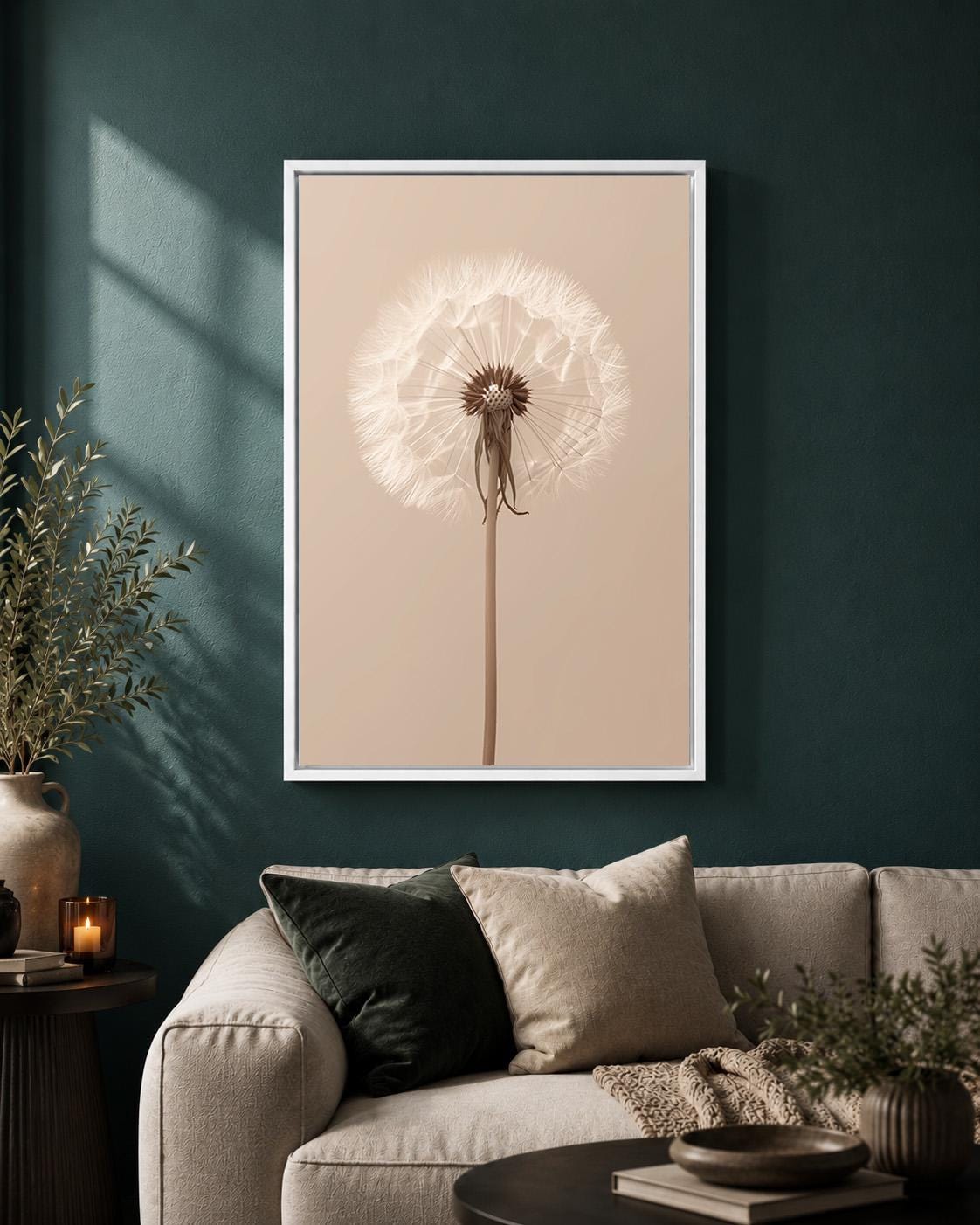 Framed Canvas Minimal Dandelion Wall Art, Neutral Beige Botanical Print, Scandinavian Nature Decor by The Wall Art Studio...