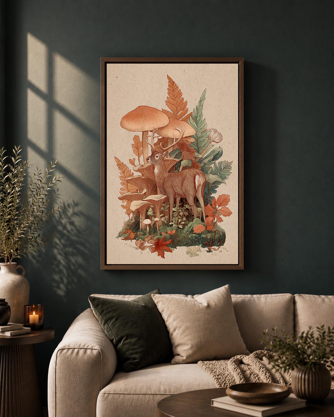 Framed Canvas Woodland Deer & Mushroom Wall Art, Vintage Forest Botanical Print, Cottagecore Nature Decor by The Wall Art...
