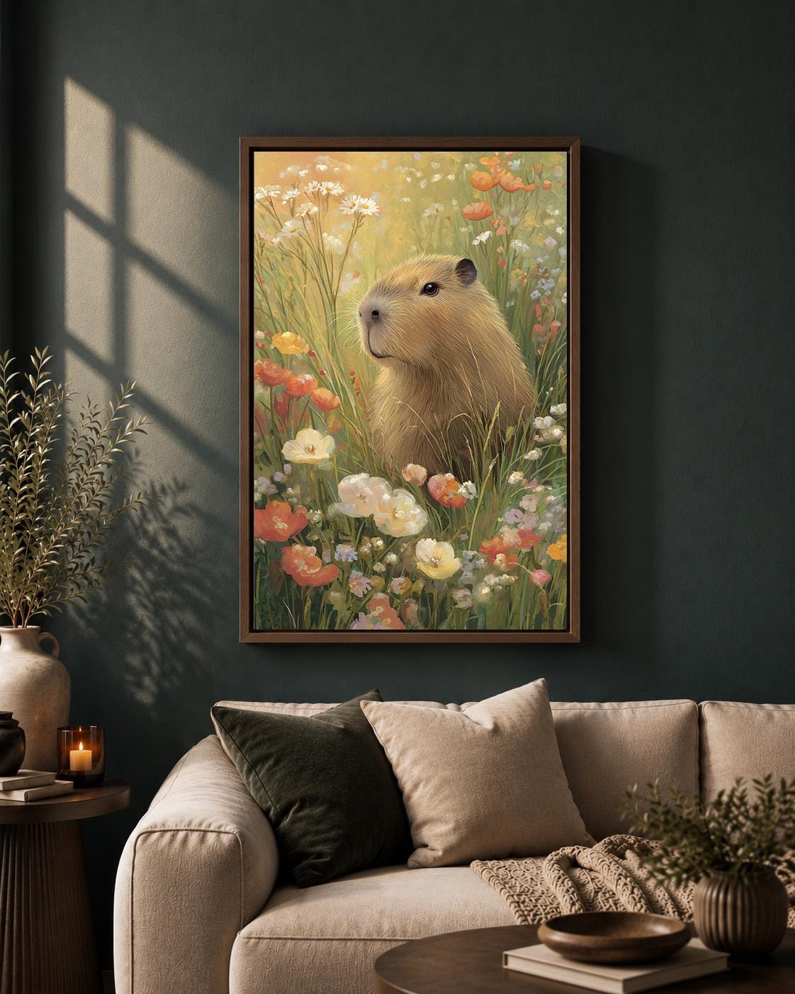 Framed Capybara Framed Canvas Wall Art, Cottagecore Animal Meadow Artwork, Whimsical Nature Canvas Decor by The Wall Art S...