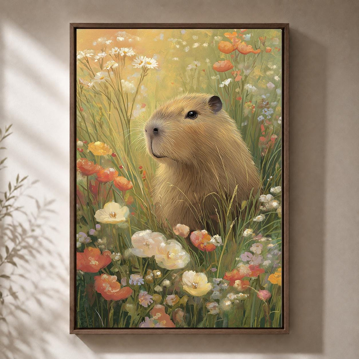 Framed Capybara Framed Canvas Wall Art, Cottagecore Animal Meadow Artwork, Whimsical Nature Canvas Decor by The Wall Art S...