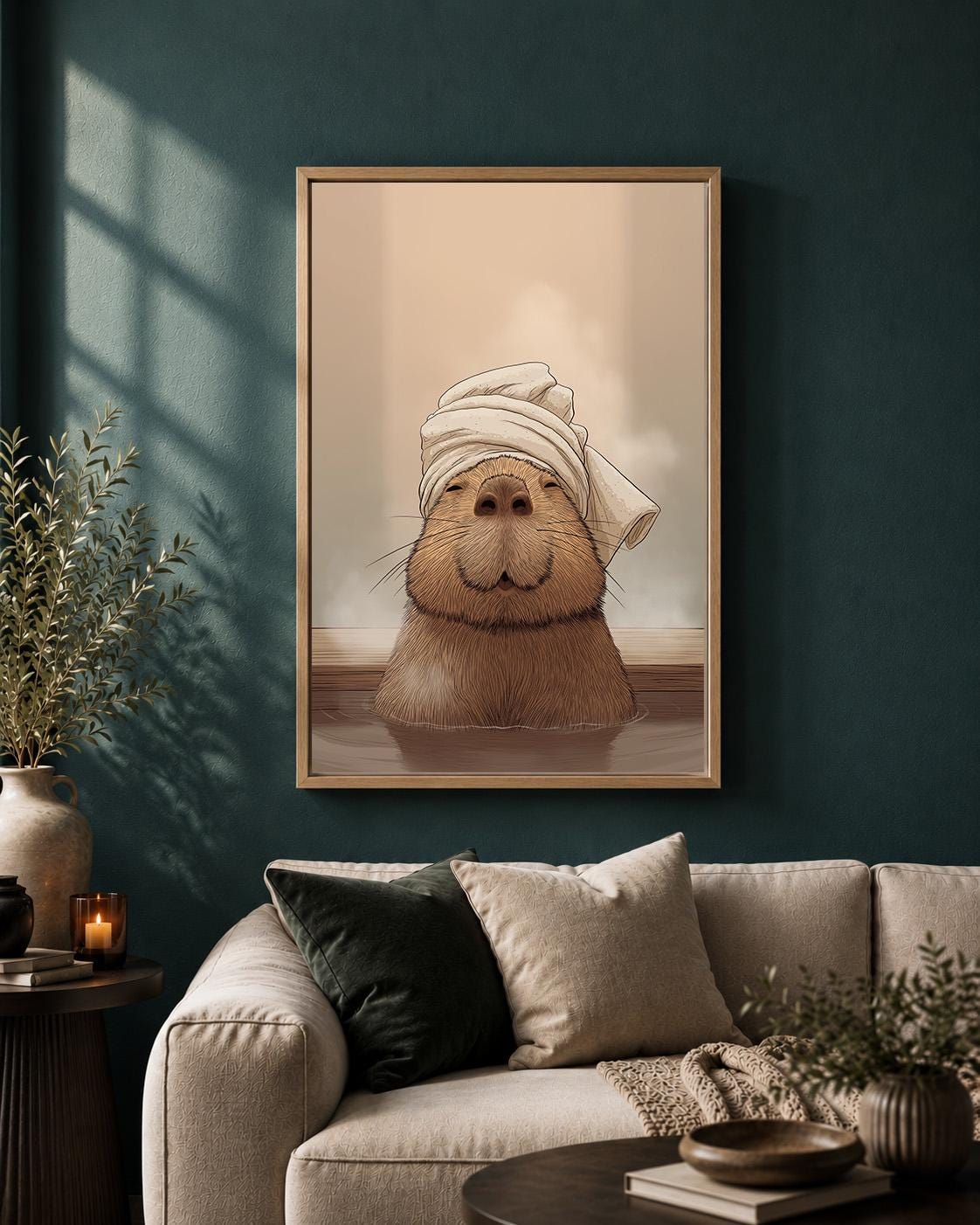 Framed Capybara Spa Framed Canvas Art, Whimsical Animal Bathroom Decor by The Wall Art Studio - physical