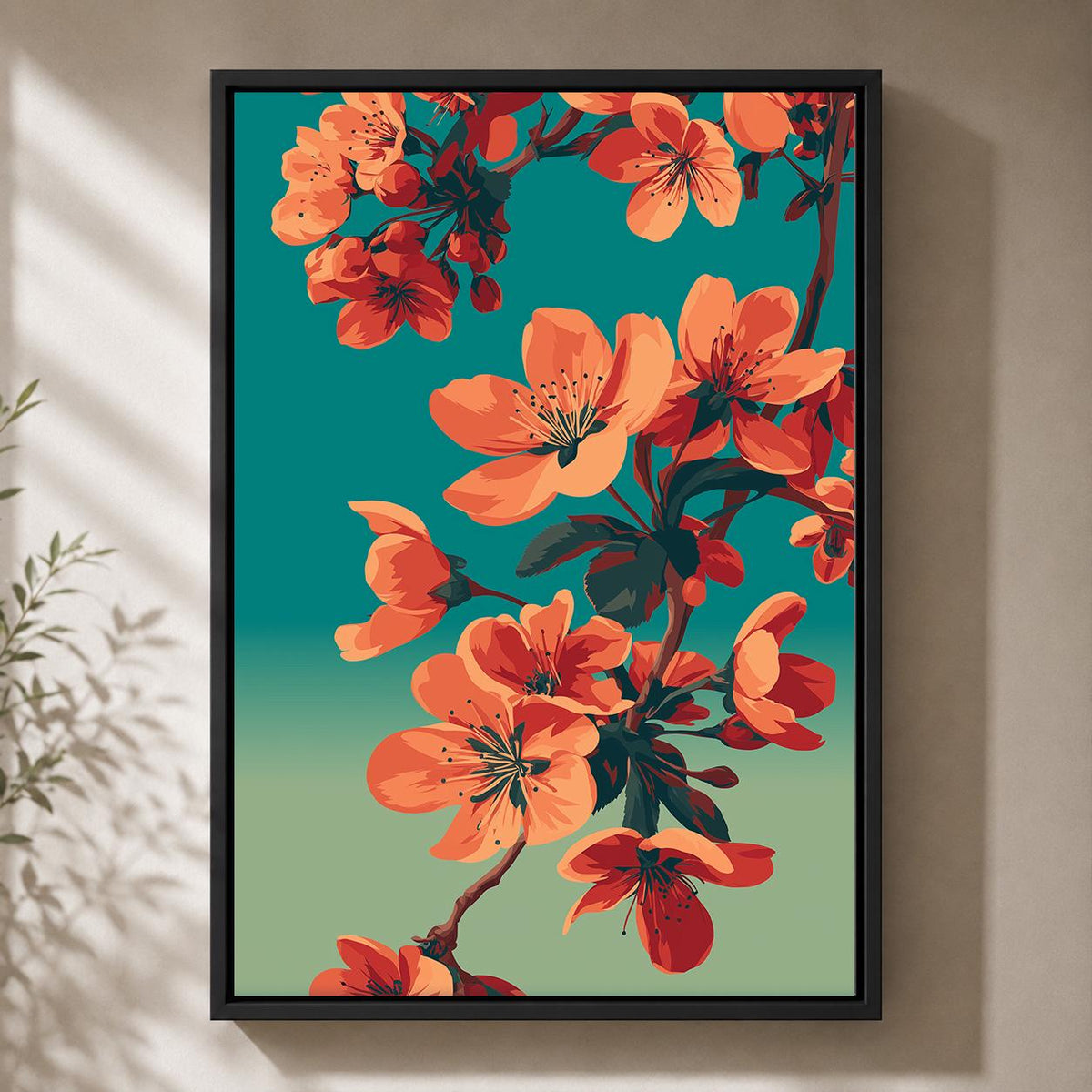 Framed Coral Cherry Blossom Framed Canvas Art, Japandi Floral Mid Century Modern Decor by The Wall Art Studio - physical