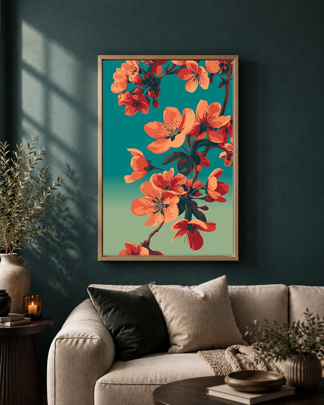 Framed Coral Cherry Blossom Framed Canvas Art, Japandi Floral Mid Century Modern Decor by The Wall Art Studio - physical