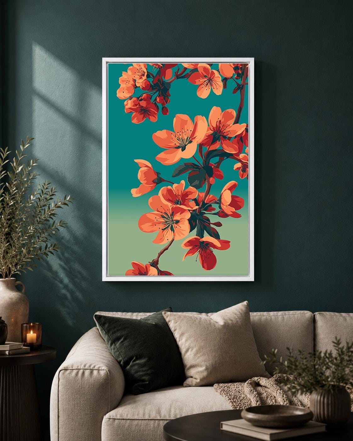 Framed Coral Cherry Blossom Framed Canvas Art, Japandi Floral Mid Century Modern Decor by The Wall Art Studio - physical