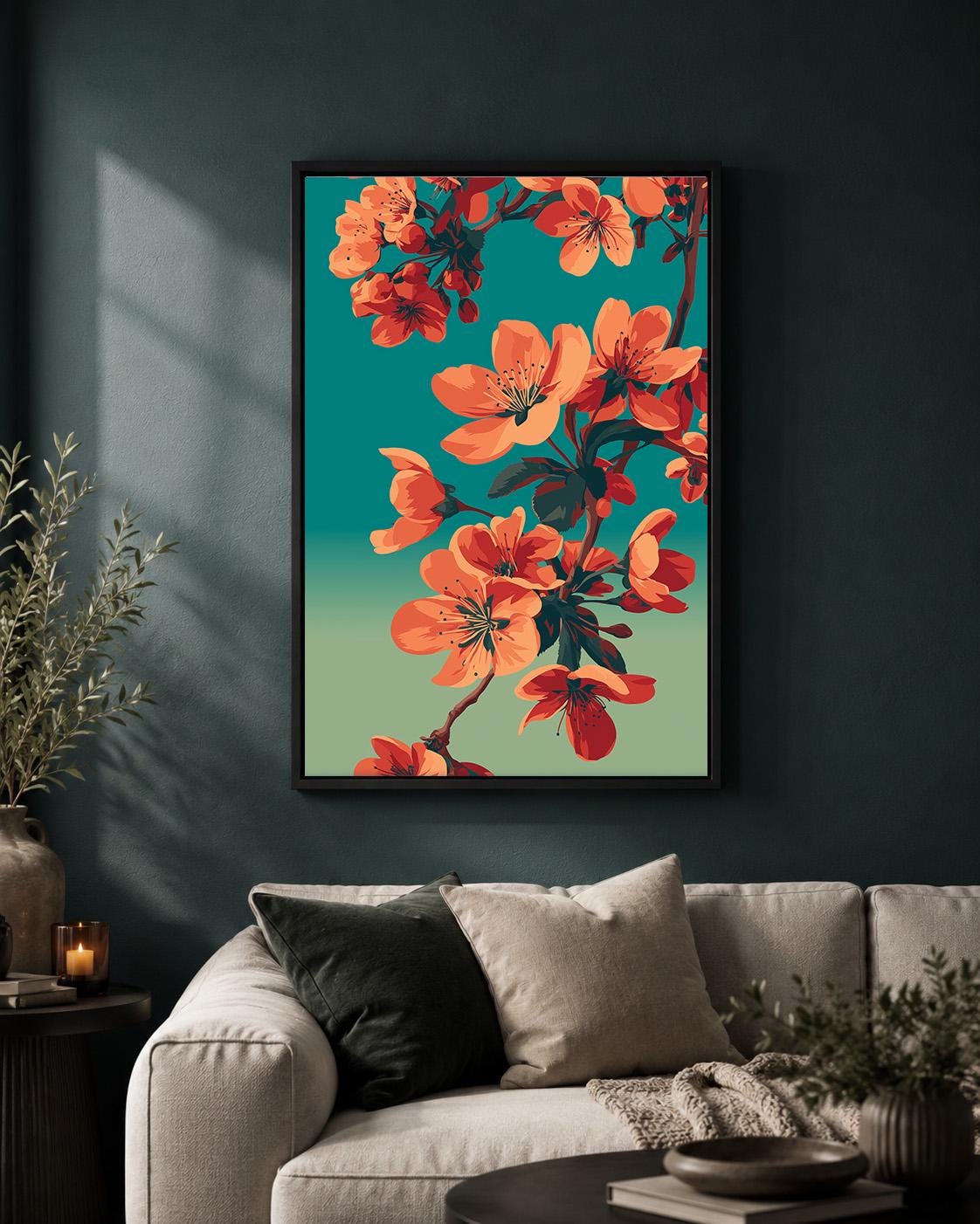 Framed Coral Cherry Blossom Framed Canvas Art, Japandi Floral Mid Century Modern Decor by The Wall Art Studio - physical