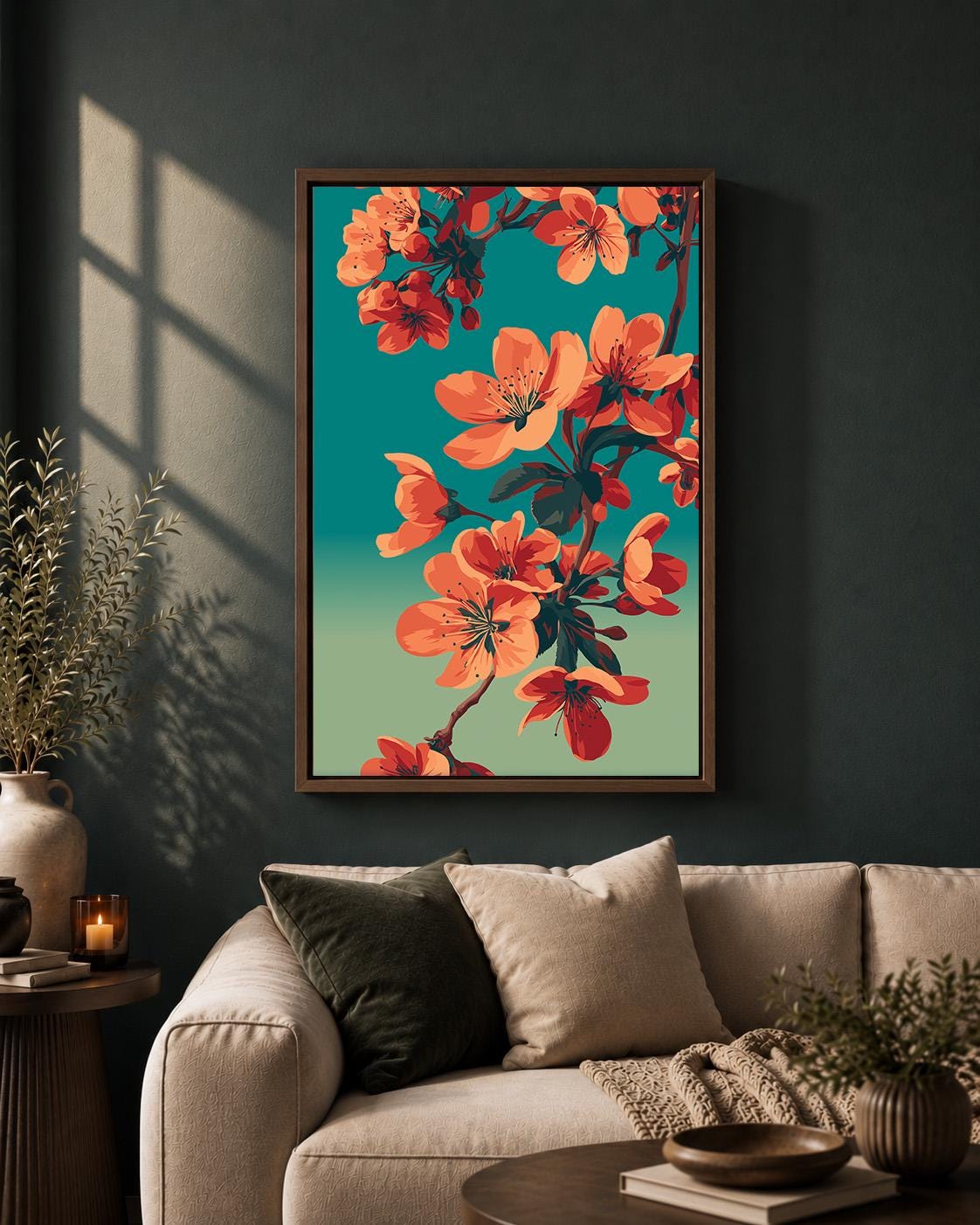 Framed Coral Cherry Blossom Framed Canvas Art, Japandi Floral Mid Century Modern Decor by The Wall Art Studio - physical