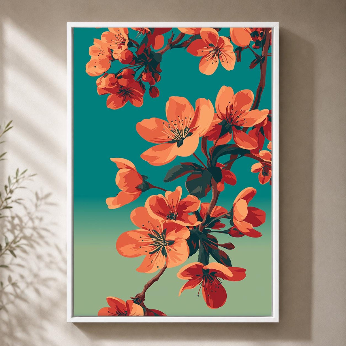 Framed Coral Cherry Blossom Framed Canvas Art, Japandi Floral Mid Century Modern Decor by The Wall Art Studio - physical