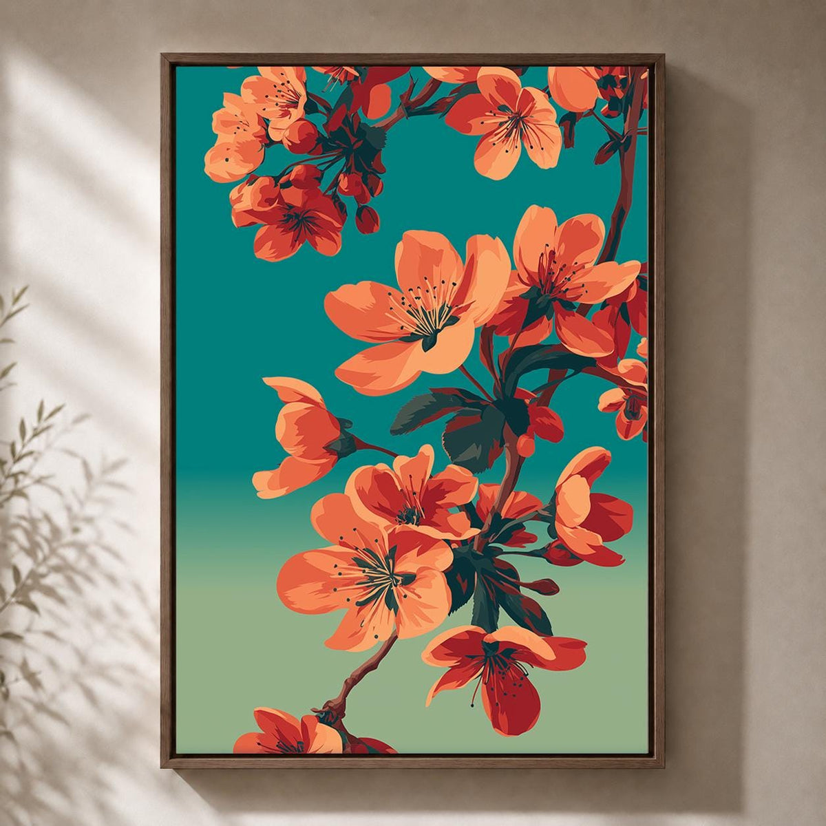 Framed Coral Cherry Blossom Framed Canvas Art, Japandi Floral Mid Century Modern Decor by The Wall Art Studio - physical