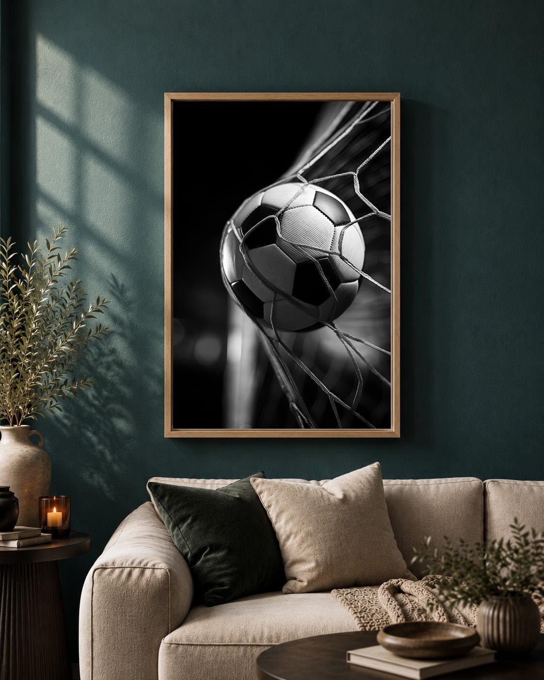 Framed Football Goal Framed Canvas Art, Black White Soccer Print, Sports Photography Wall Decor by The Wall Art Studio - p...
