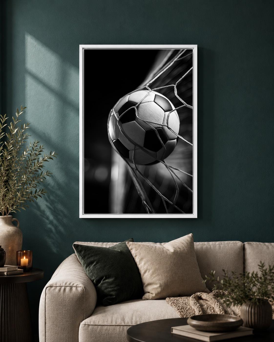 Framed Football Goal Framed Canvas Art, Black White Soccer Print, Sports Photography Wall Decor by The Wall Art Studio - p...