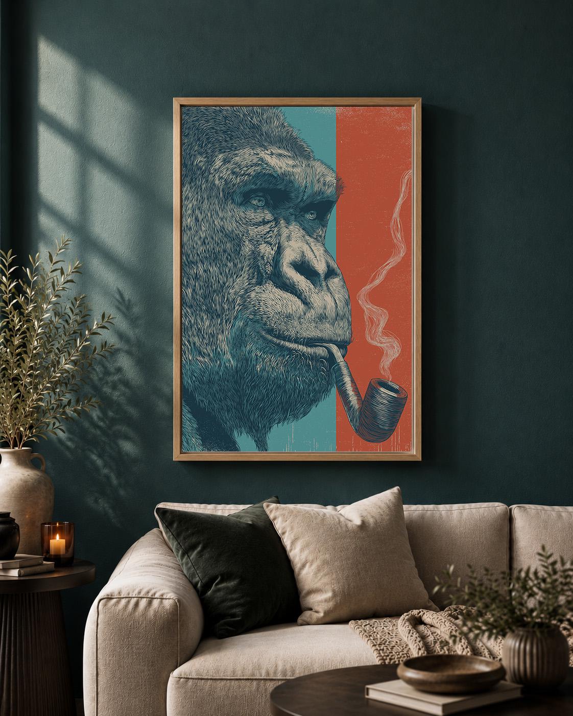 Framed Gorilla Framed Canvas Wall Art, Smoking Gorilla Artwork, Modern Animal Canvas Print, Masculine Man Cave Decor, Larg...