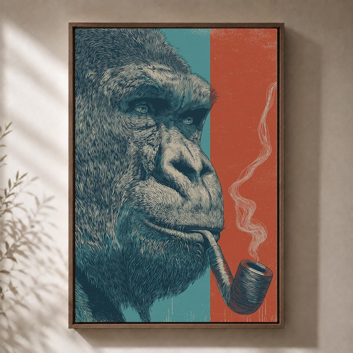 Framed Gorilla Framed Canvas Wall Art, Smoking Gorilla Artwork, Modern Animal Canvas Print, Masculine Man Cave Decor, Larg...