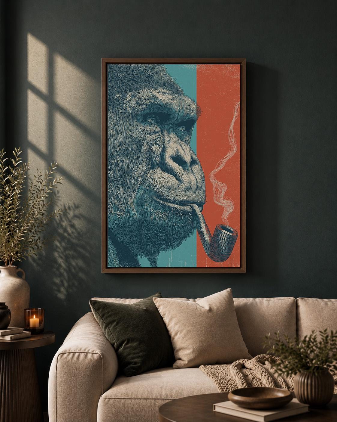 Framed Gorilla Framed Canvas Wall Art, Smoking Gorilla Artwork, Modern Animal Canvas Print, Masculine Man Cave Decor, Larg...