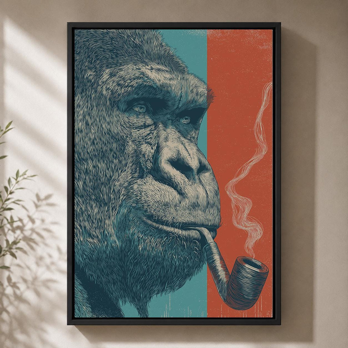 Framed Gorilla Framed Canvas Wall Art, Smoking Gorilla Artwork, Modern Animal Canvas Print, Masculine Man Cave Decor, Larg...