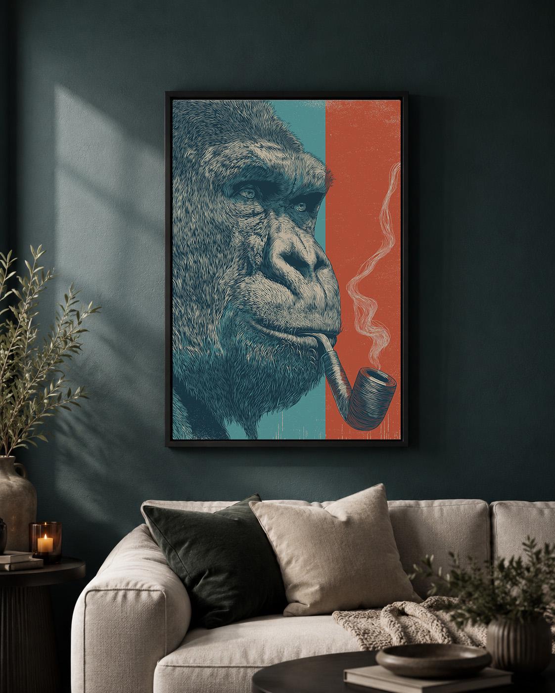 Framed Gorilla Framed Canvas Wall Art, Smoking Gorilla Artwork, Modern Animal Canvas Print, Masculine Man Cave Decor, Larg...