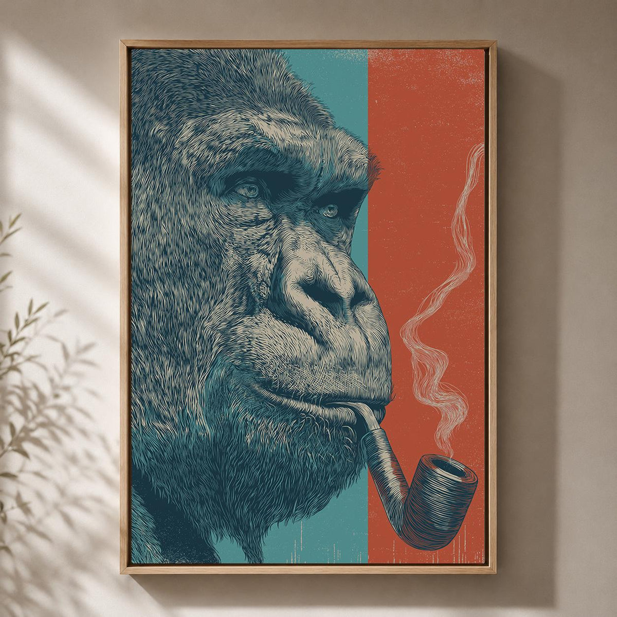 Framed Gorilla Framed Canvas Wall Art, Smoking Gorilla Artwork, Modern Animal Canvas Print, Masculine Man Cave Decor, Larg...