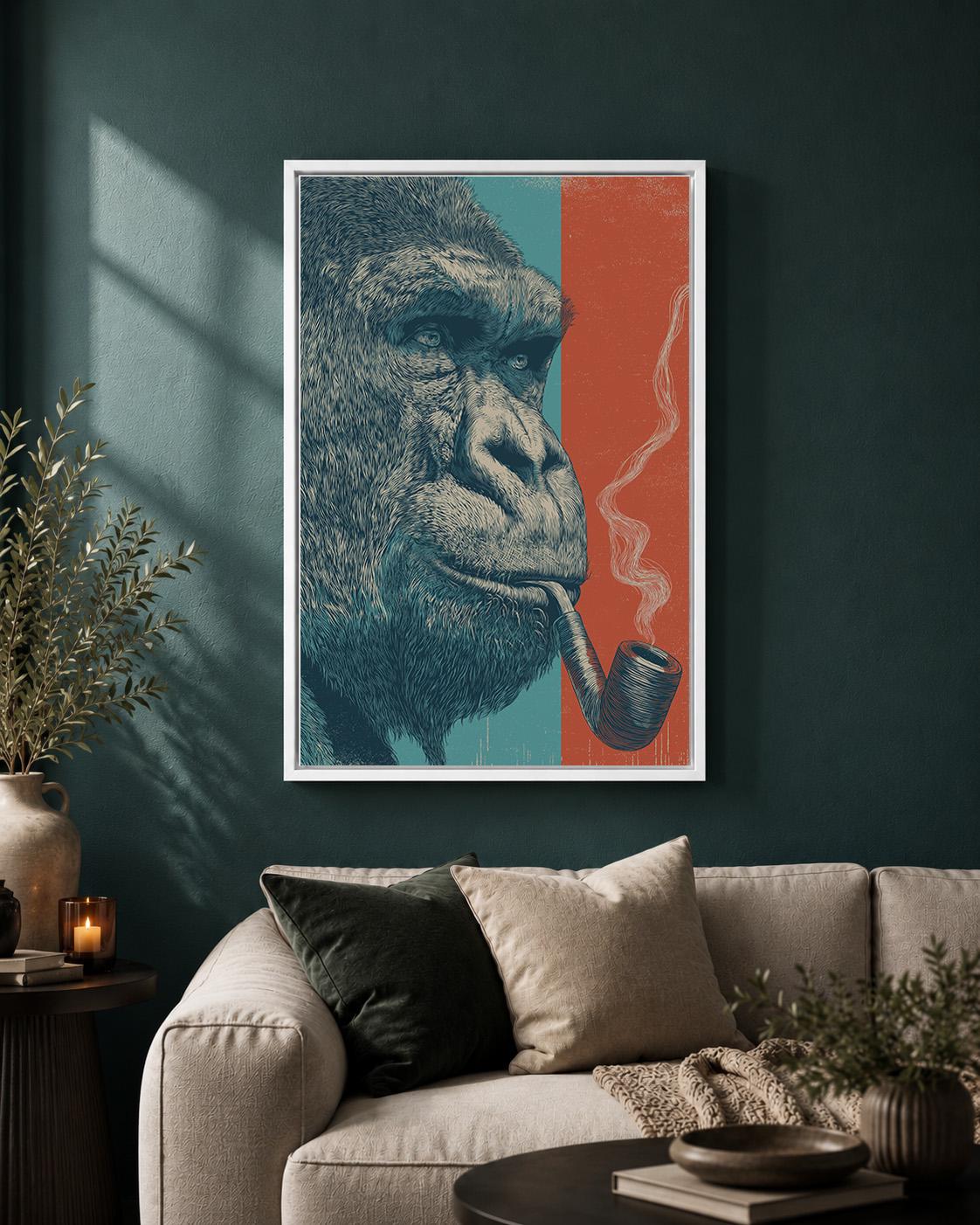 Framed Gorilla Framed Canvas Wall Art, Smoking Gorilla Artwork, Modern Animal Canvas Print, Masculine Man Cave Decor, Larg...