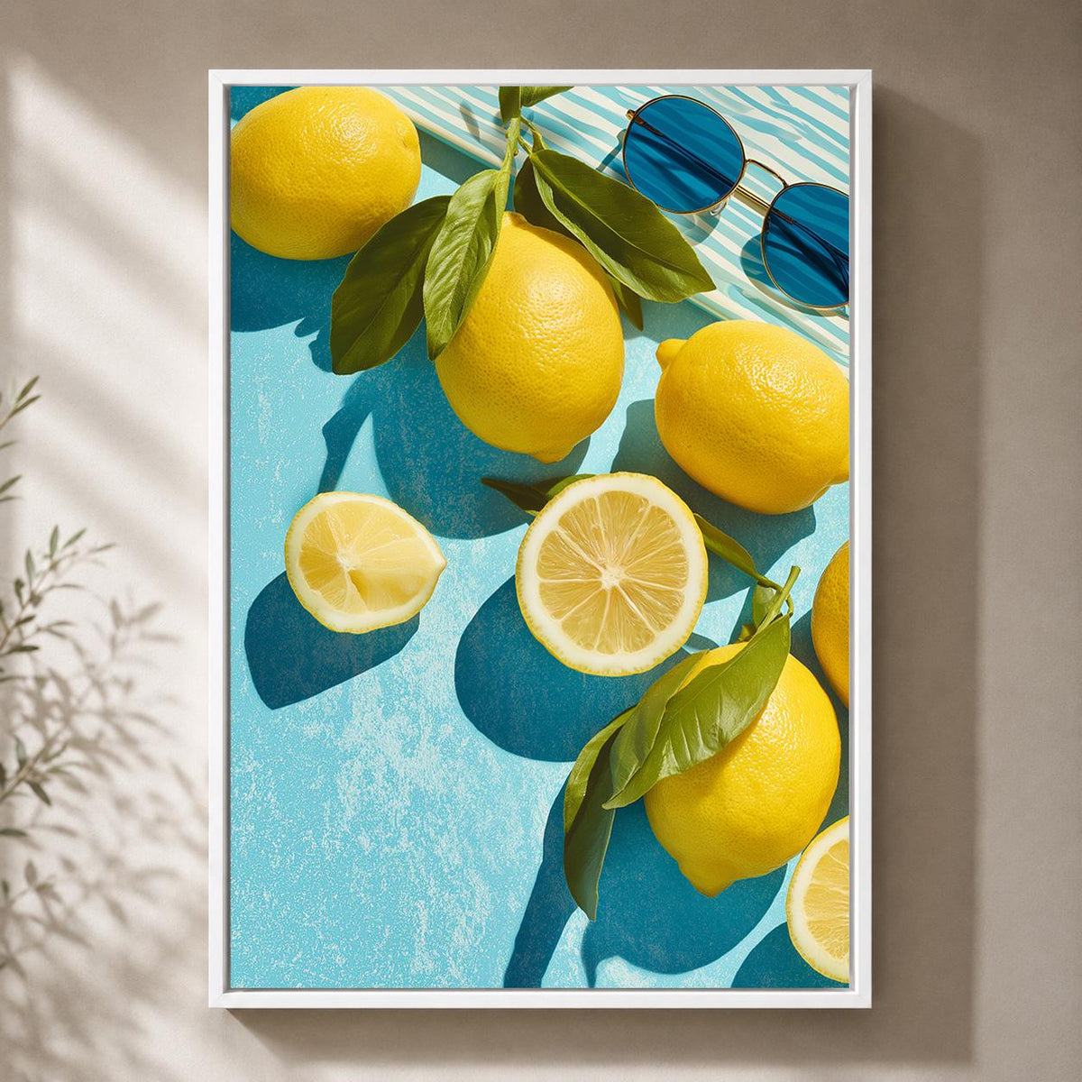 Framed Lemon Framed Canvas Art, Mediterranean Citrus Kitchen Print, Summer Coastal Artwork by The Wall Art Studio - physical