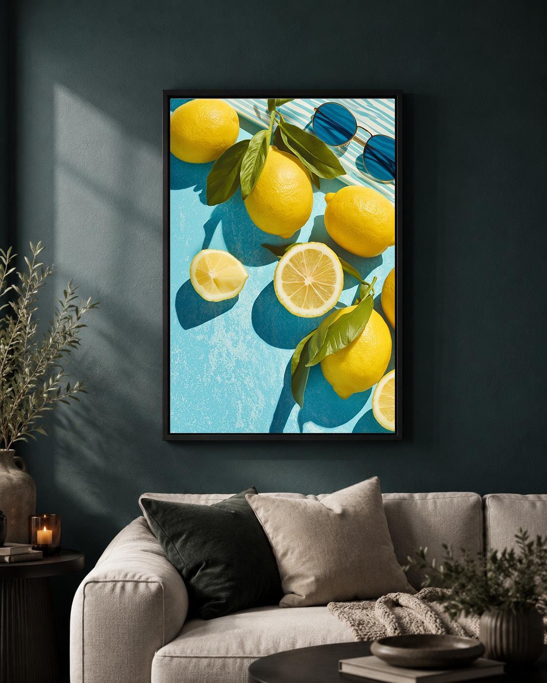 Framed Lemon Framed Canvas Art, Mediterranean Citrus Kitchen Print, Summer Coastal Artwork by The Wall Art Studio - physical