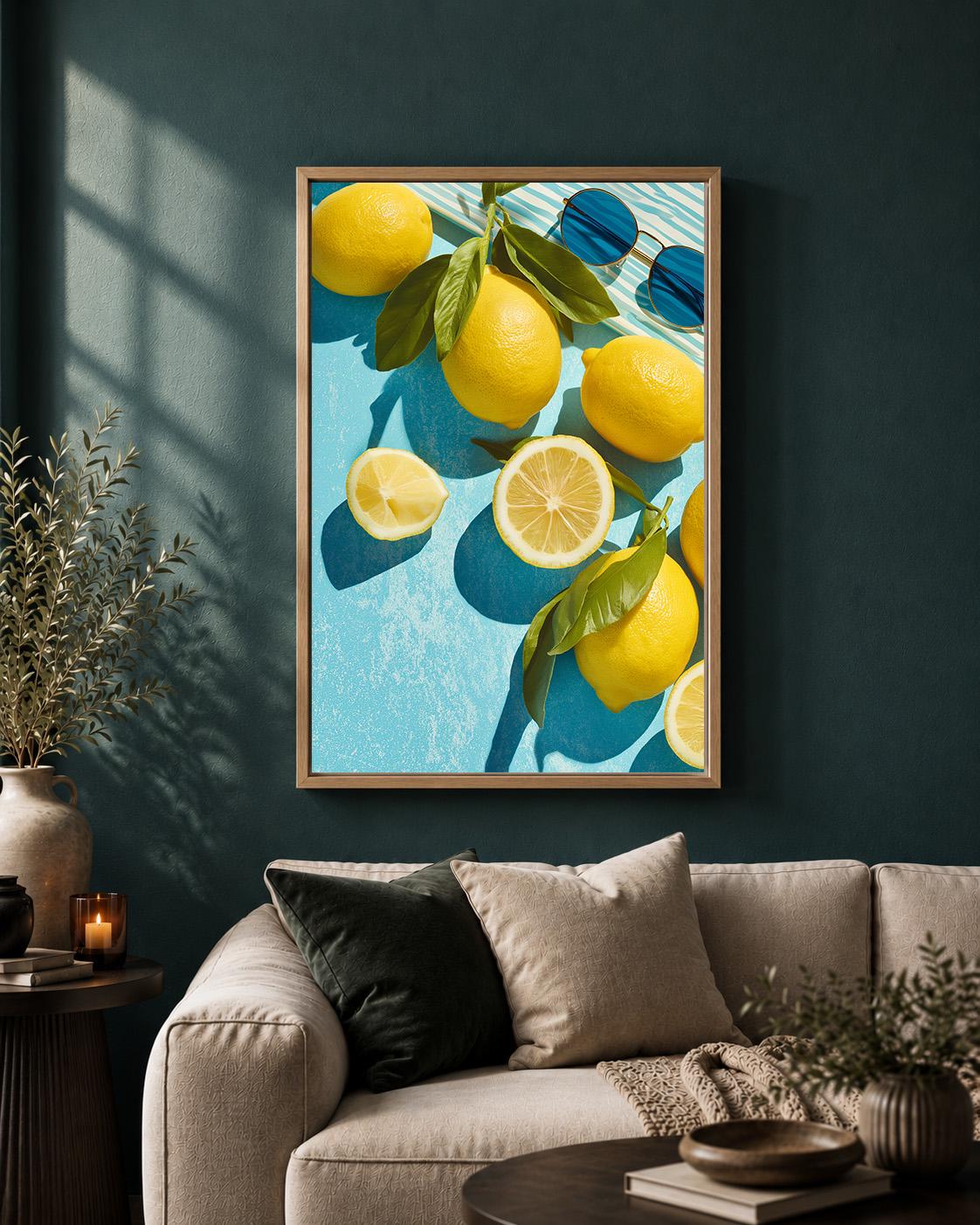 Framed Lemon Framed Canvas Art, Mediterranean Citrus Kitchen Print, Summer Coastal Artwork by The Wall Art Studio - physical