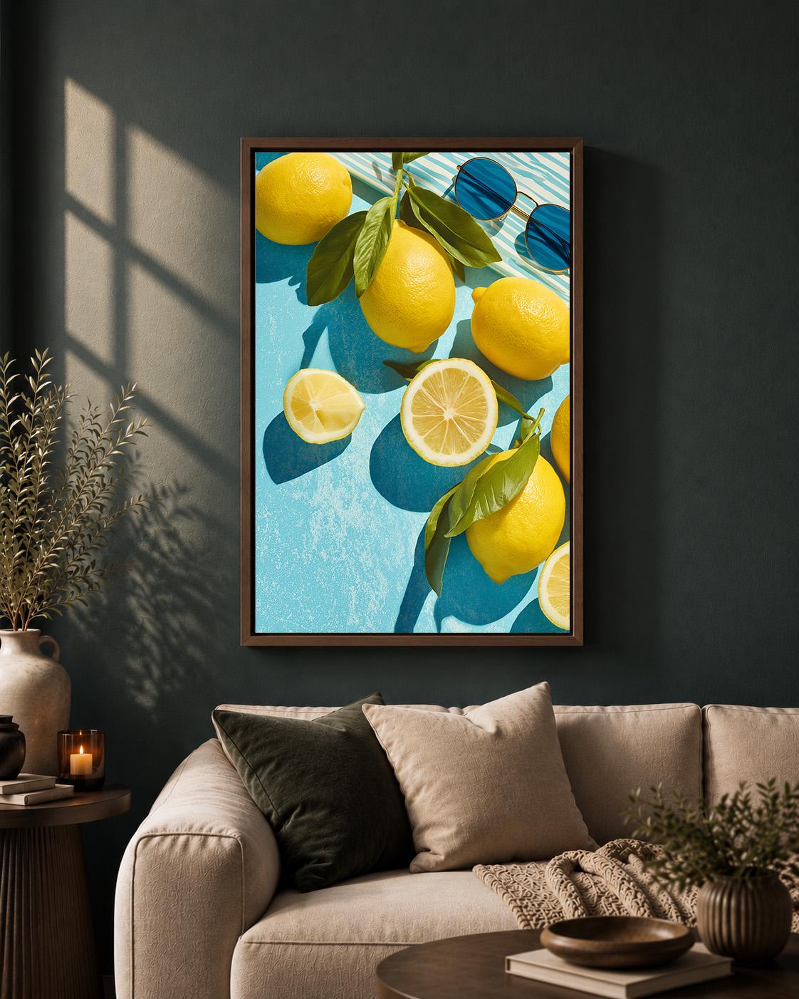 Framed Lemon Framed Canvas Art, Mediterranean Citrus Kitchen Print, Summer Coastal Artwork by The Wall Art Studio - physical