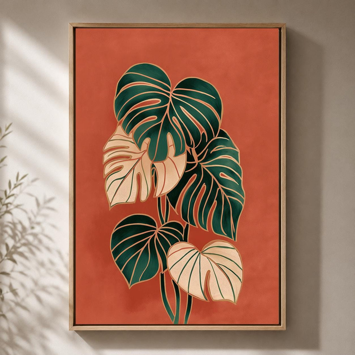 Framed Monstera Leaf Framed Canvas Art, Retro Botanical Print, Terracotta Tropical Decor by The Wall Art Studio - physical