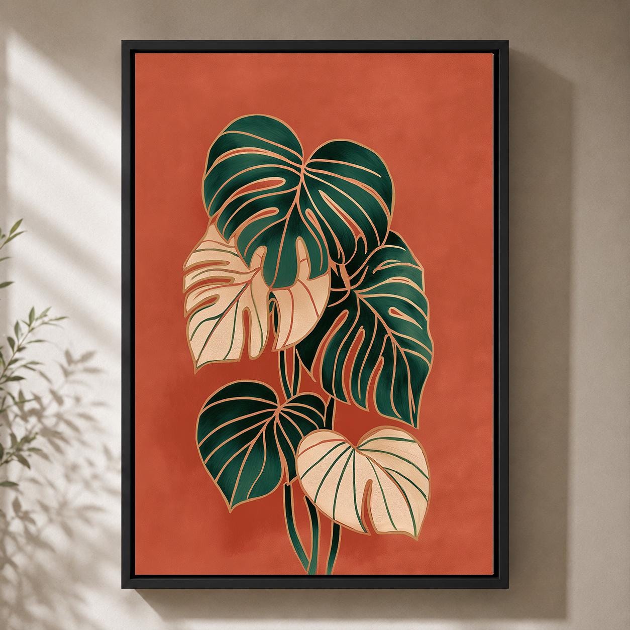 Framed Monstera Leaf Framed Canvas Art, Retro Botanical Print, Terracotta Tropical Decor by The Wall Art Studio - physical