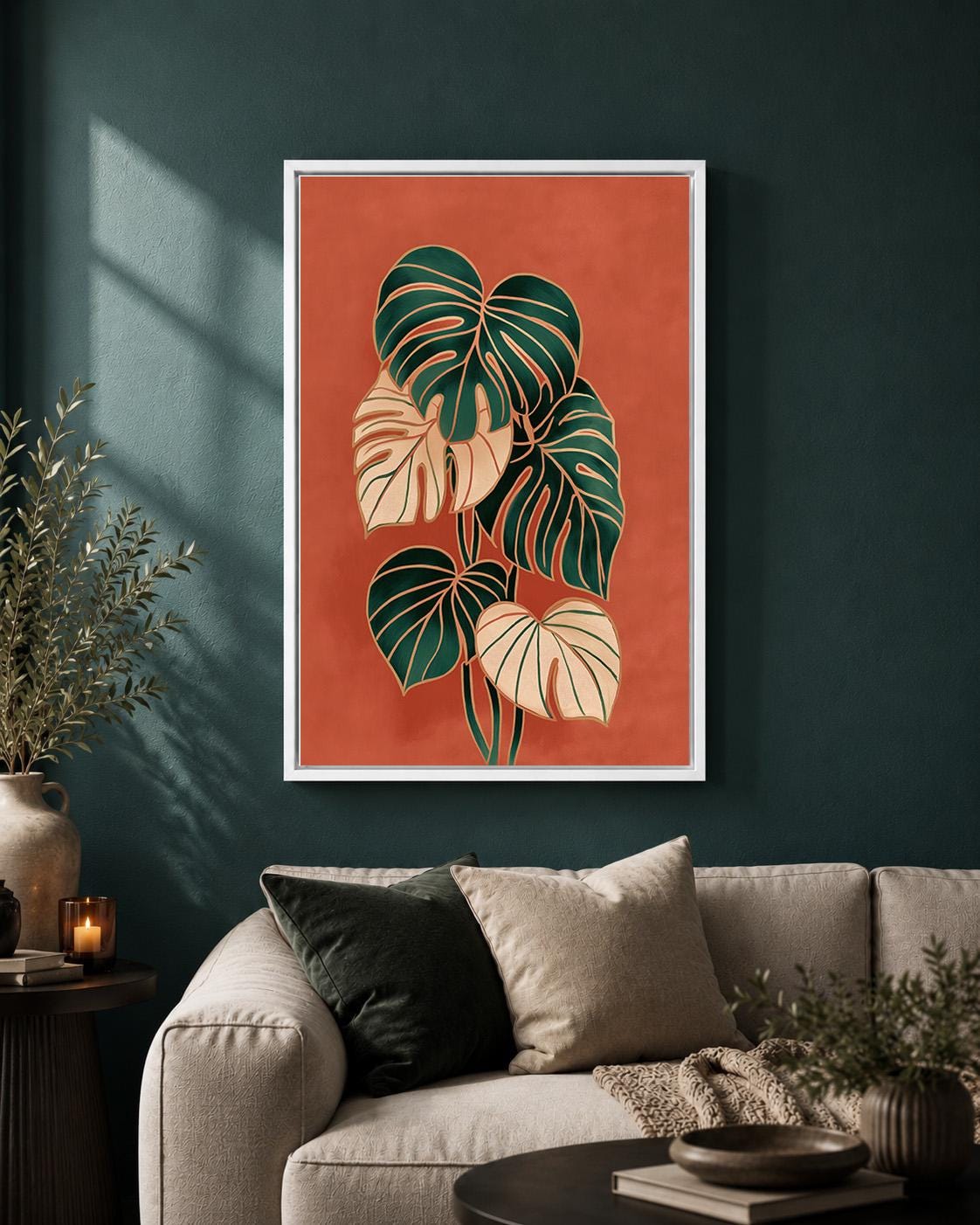 Framed Monstera Leaf Framed Canvas Art, Retro Botanical Print, Terracotta Tropical Decor by The Wall Art Studio - physical