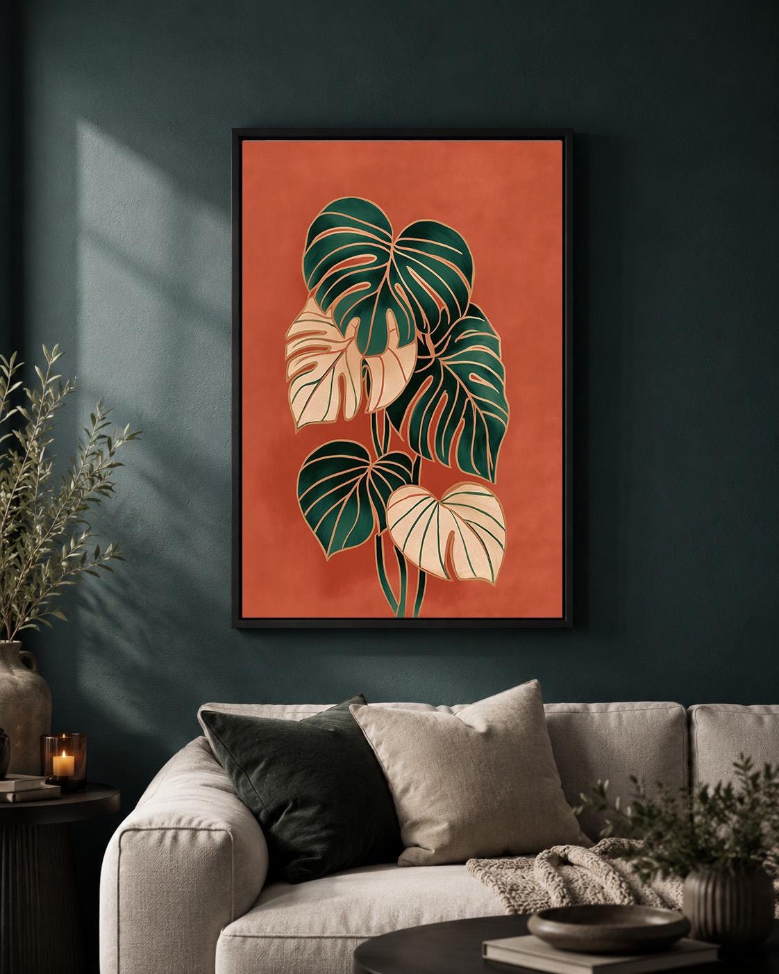 Framed Monstera Leaf Framed Canvas Art, Retro Botanical Print, Terracotta Tropical Decor by The Wall Art Studio - physical