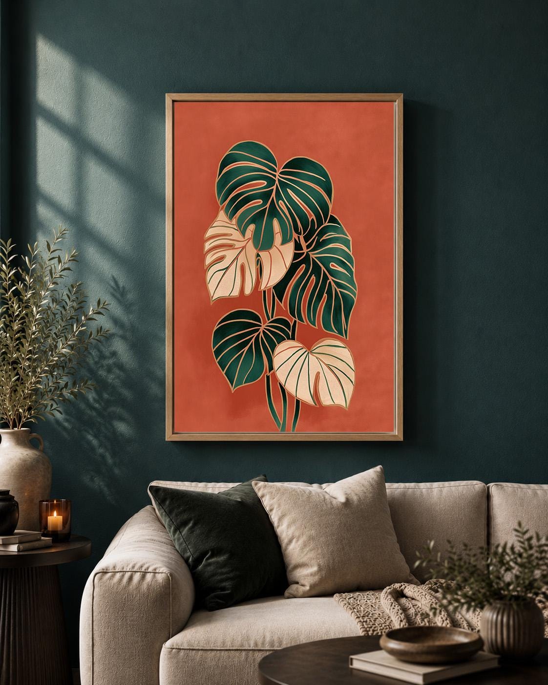 Framed Monstera Leaf Framed Canvas Art, Retro Botanical Print, Terracotta Tropical Decor by The Wall Art Studio - physical