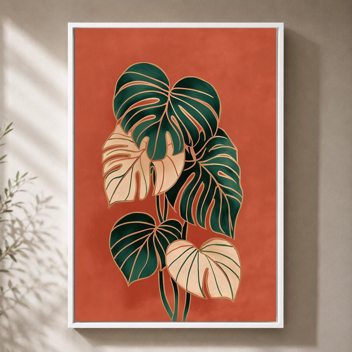 Framed Monstera Leaf Framed Canvas Art, Retro Botanical Print, Terracotta Tropical Decor by The Wall Art Studio - physical