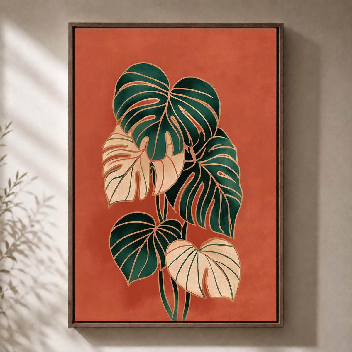 Framed Monstera Leaf Framed Canvas Art, Retro Botanical Print, Terracotta Tropical Decor by The Wall Art Studio - physical