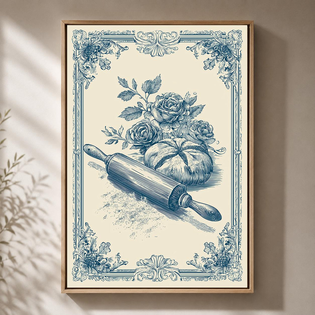 French Country Kitchen Framed Canvas Art, Vintage Bread Rolling Pin Print, Blue Toile Decor by The Wall Art Studio - physical