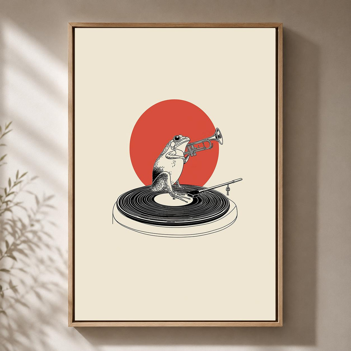 Frog Trumpet Player Framed Canvas, Minimalist Musician Animal Print, Vinyl Record Decor Framed Canvas by The Wall Art Stud...