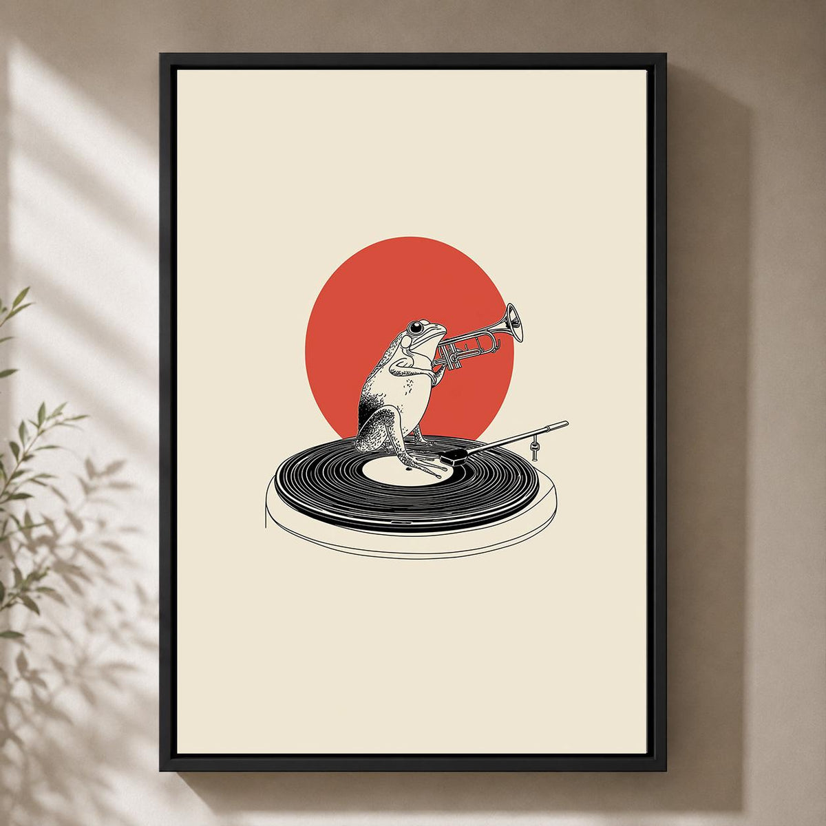 Frog Trumpet Player Framed Canvas, Minimalist Musician Animal Print, Vinyl Record Decor Framed Canvas by The Wall Art Stud...