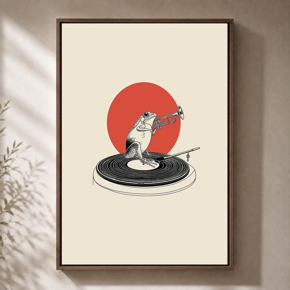 Frog Trumpet Player Framed Canvas, Minimalist Musician Animal Print, Vinyl Record Decor Framed Canvas by The Wall Art Stud...